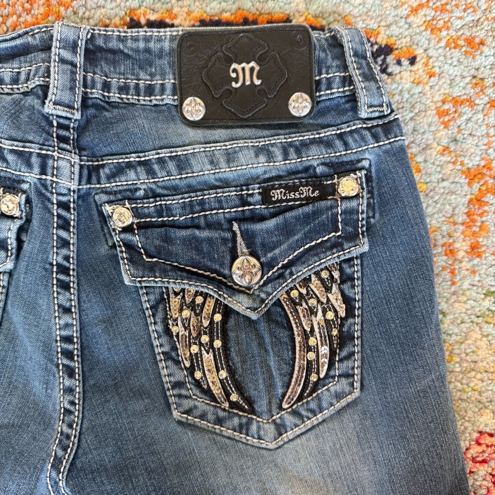 Miss Me Angel Wing Rhinestone Flap Pocket Bootcut Jeans - Picture 5 of 11